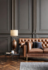 Modern classic black interior with capitone brown leather chester sofa, floor lamp, coffee....