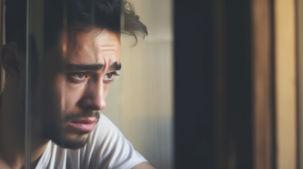 Close up of pensive man look away and thinking pondering of life problems, feeling loneliness and solitude and thoughtful man lost in thoughts mourning