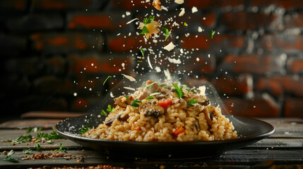 Italian mushroom risotto in warm light with sprinkling parmesan cheese resembling snowflakes