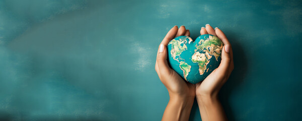 World environment day concept, hand opens palms hold heart shaped earth globe, earth day.