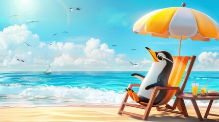 A cartoon penguin is sitting in a beach chair under an umbrella. The scene is bright and sunny, with a boat in the distance and several birds flying overhead