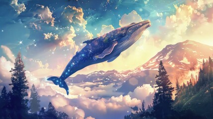 A whale is flying through the sky above a mountain range. The sky is filled with clouds and stars, creating a dreamy and peaceful atmosphere. The whale is the main focus of the image - obrazy, fototapety, plakaty