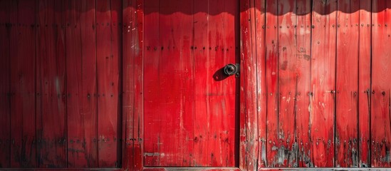 Red locked wooden door and wall.