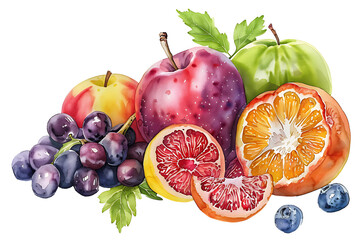 Watercolor painting realistic set fruits on white background. Clipping path included.