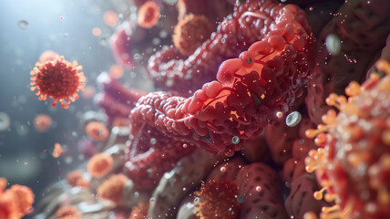A highly detailed 3D visualization of Crohn's disease affecting the ileum and colon, with emphasis on the disease's patchy nature, perfect for medical professionals