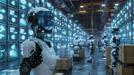 A futuristic scene of a warehouse where robotic exoskeletons assist human workers, enhancing their strength and precision,  - obrazy, fototapety, plakaty