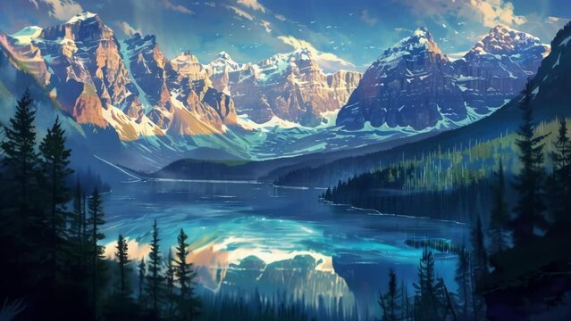 A realistic painting showcasing a mountain lake with pine trees along its shores.