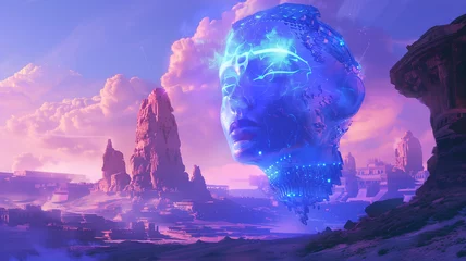 Rolgordijnen Amid a landscape of ancient ruins and futuristic tech, a character with hair that glows like the aurora borealis and skin as clear as crystal, seeks the wisdom to bridge past and future civilizations © praewpailyn