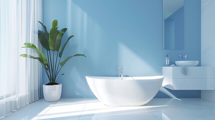 Fototapeta premium Interior of a contemporary white and blue bathroom with washstand and bathtube