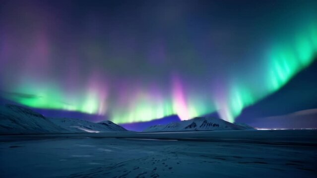 A burst of colors fills the sky illuminated by the tranquil glow of ethereal aurora lights in the backdrop.