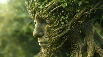 In a realm where nature and technology intertwine, a figure with hair made of living vines and skin that mirrors the bark of ancient trees, stands as a protector of the sacred balance