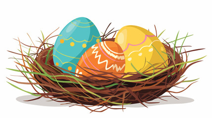 Easter eggs in a nest Flat vector isolated on white background