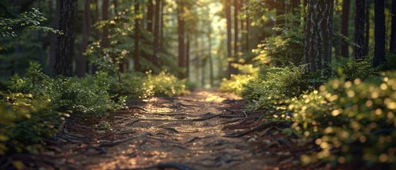 Keuken spatwand met foto A forest path with a stone walkway. © Dusit
