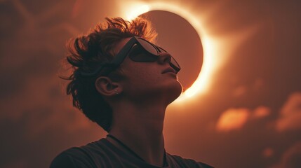 A young people wearing goggles is looking up at a large solar eclipse.