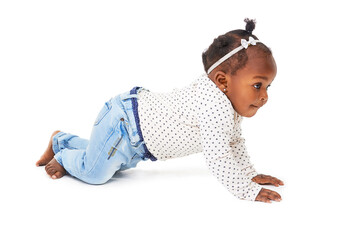 Baby, girl or crawl to play, thinking or explore to learn, balance or motor skill on studio mock up. Black toddler, crawling or curious of child development on mobility milestone on white background - obrazy, fototapety, plakaty