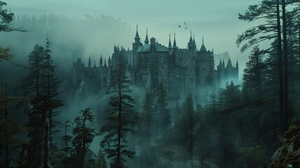 Enchanted forests intertwined with dark lords castles - obrazy, fototapety, plakaty