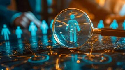 Magnifier glass of Human Resource Management focus on manager icon among staff icons