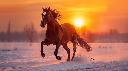 horse running in the sunset snow field