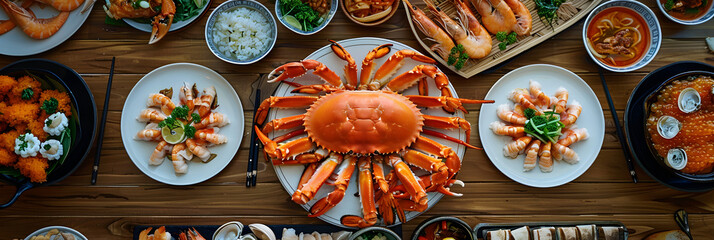 Exquisite Buffet Display: Assorted Seafood and Meat Dishes, Sumptuous Buffet Selection: Seafood and Meat Extravaganza