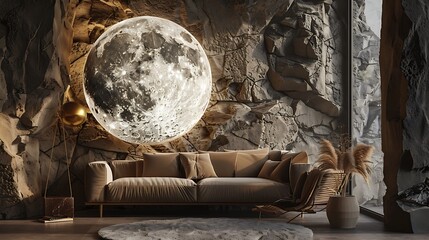 Interior with sofa stone wall panel backlight moon lamp and decor - obrazy, fototapety, plakaty