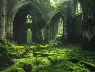 Ancient ruins where the ground is carpeted with moss that whispers secrets to those who tread softly.