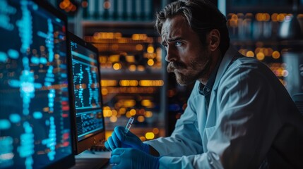 A man in a lab coat gazes at a computer screen in the darkness - obrazy, fototapety, plakaty