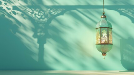 lantern decoration of islamic celebration day  with  soft green pastel color background