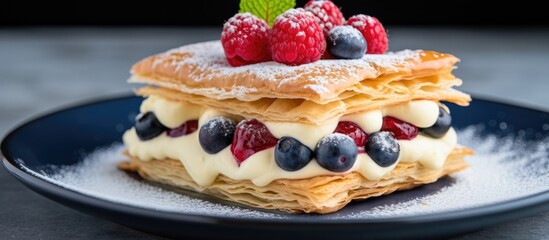 A closeup of a delicious dessert featuring raspberries and blueberries on top, showcasing a mix of...