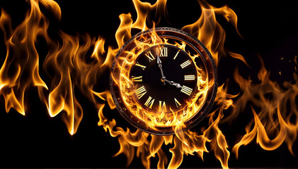 A flaming clock with Roman numerals on a black background
