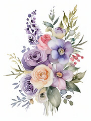 bouquet of roses on white background, wedding flowers,purple flowers on white background