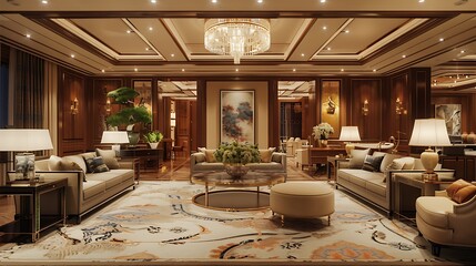 Large and luxurious interiors of a modern living room and digitally generated image of a fully furnished living room