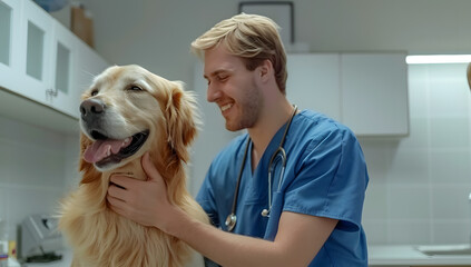 Veterinarian doctor examining golden retriever dog in vet clinic