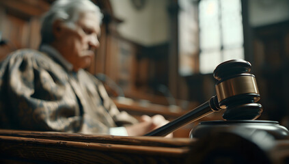 Judge gavel in courtroom. Law and justice concept. Selective focus