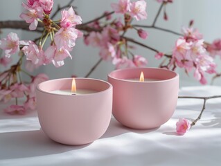 Obraz na płótnie Canvas Scented candles and sakura blossoms