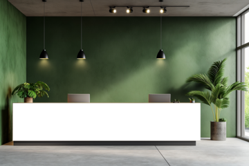 White reception desk in a modern room with tropical plants. Reception mockup with copy space for branding, Contemporary style