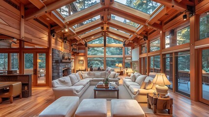 Living room in a house with impressive wood and skylights - obrazy, fototapety, plakaty