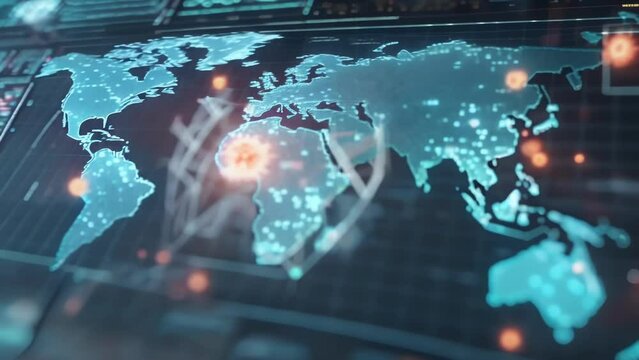 A dynamic map of the world covered in vibrant lights, showcasing global urban areas and population centers in an interactive animation.