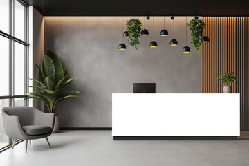White reception desk in a modern room with tropical plants. Reception mockup with copy space for branding, Contemporary style