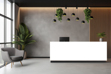 White reception desk in a modern room with tropical plants. Reception mockup with copy space for branding, Contemporary style