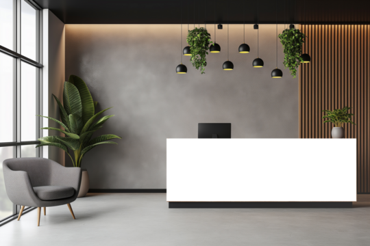 White reception desk in a modern room with tropical plants. Reception mockup with copy space for branding, Contemporary style