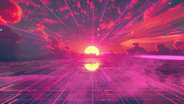 glitched synthwave style retro landscape. seamless looping overlay 4k virtual video animation background