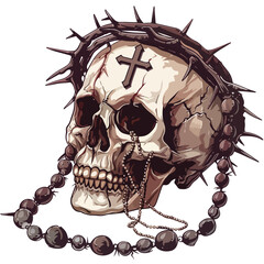 Fototapeta na wymiar Skull crown of thorns and rosary draped around