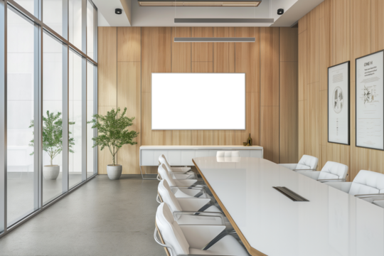 Meeting conference room with blank mockup screen on the wall, modern interior space