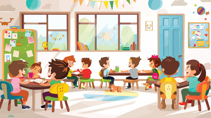 Kids students at classroom flat cartoon 