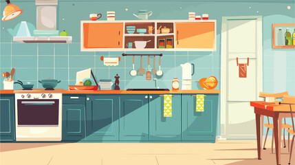 Kitchen interior scenery flat cartoon vactor 