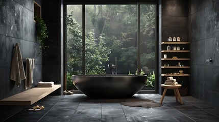 Luxurious dark bathroom with natural stone tiles and wood Modern Scandinavian bathroom concep