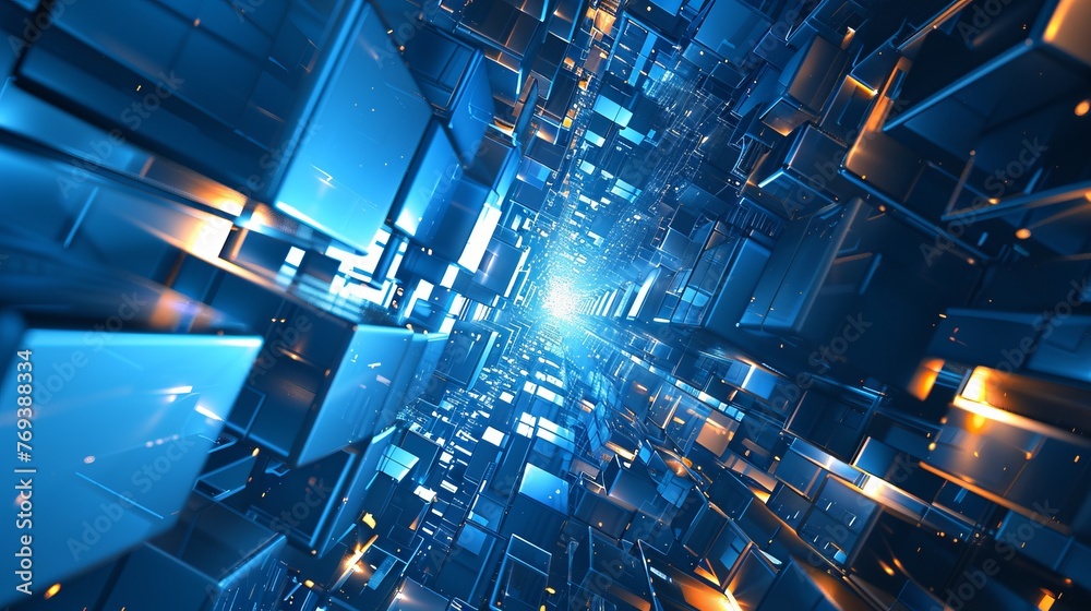 Poster futuristic abstract square block chain pattern on blue background - digital modern hi-tech space des