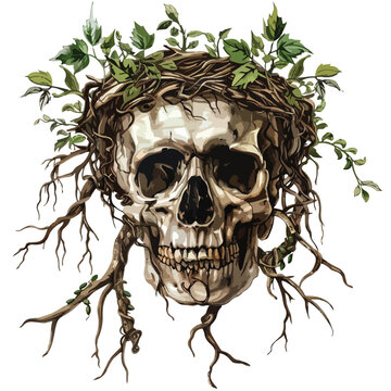 Skull wearing crown of twisted branches and leaves 