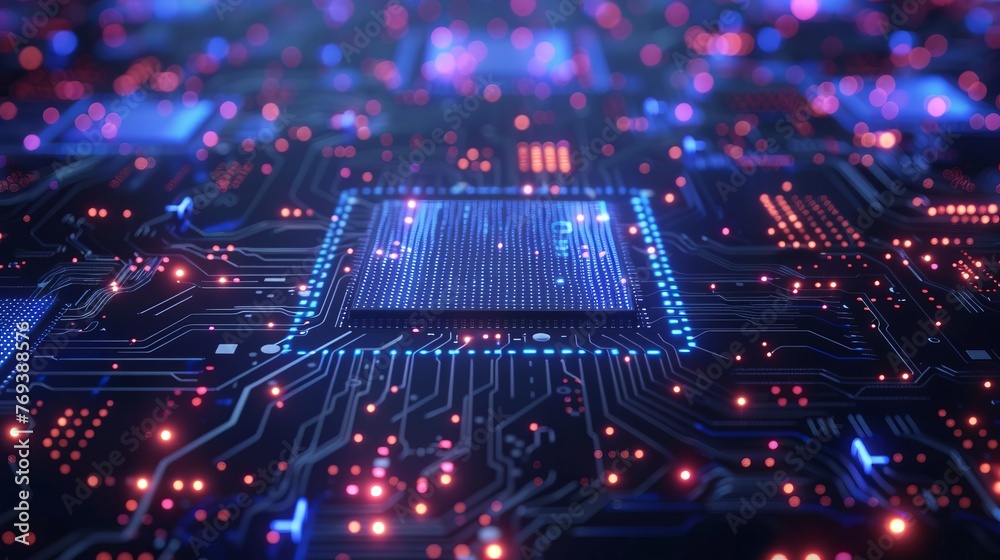 Poster vibrant 3d illustration of abstract technology chip processor background with circuit board and html