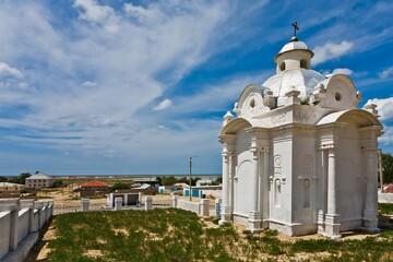 Beautiful white Russian Christian Orthodox Church. Religion